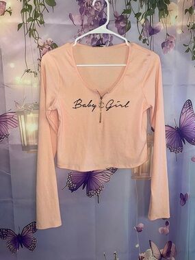 Fashion Nova Pink Ribbed Zip-Up 'Baby Girl' Crop Top